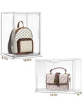 Clear Acrylic Purse Organizer Set For Closet With Magnetic Door Large See Through Handbag Display Boxes 3 Pack Storage Boxes For Wallets Cosmetics Collectibles Dustproof Lids showing backpack and handbag