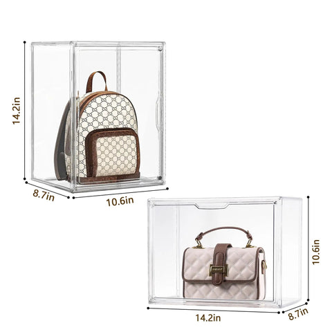 Clear Acrylic Purse Organizer Set For Closet With Magnetic Door Large See Through Handbag Display Boxes 3 Pack Storage Boxes For Wallets Cosmetics Collectibles Dustproof Lids showing backpack and handbag