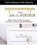 Diagram showing measurement for Solid Brass Cabinet Pulls 5 Pack Hexagon Drawer Handles With Five Inch Hole Center And Six Point Six Inch Total Length.