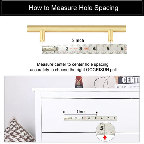 Diagram showing measurement for Solid Brass Cabinet Pulls 5 Pack Hexagon Drawer Handles With Five Inch Hole Center And Six Point Six Inch Total Length.