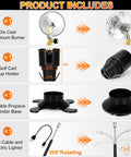 Components of Portable Propane Heater For Outdoor Use With Foldable Base And Cart Cup Holder 2 In 1 Patio Heater.