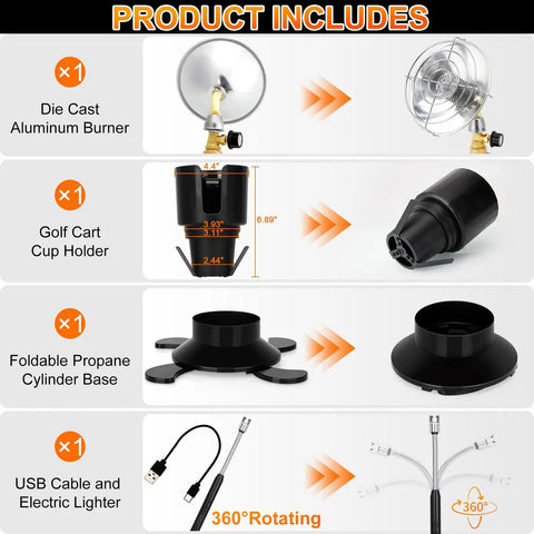 Components of Portable Propane Heater For Outdoor Use With Foldable Base And Cart Cup Holder 2 In 1 Patio Heater.