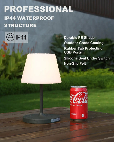 Cordless Outdoor Table Lamp With 4000mAh Battery Waterproof LED Night Light Touch Dimmable, next to soda can on wooden table.