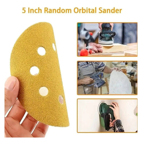 Heavy Duty 5 Inch Hook Loop Sandpaper Discs 50 Pack With 8 Holes For Power Tools Featuring Alumina Grits From 60 To 800 That Resist Clogging And Heat To Speed Up Your Metal Wood Projects Smooth Finish.