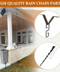 Copper rain chain hanger and ground anchor kit with S-hook and stake installed on outdoor home rain gutter