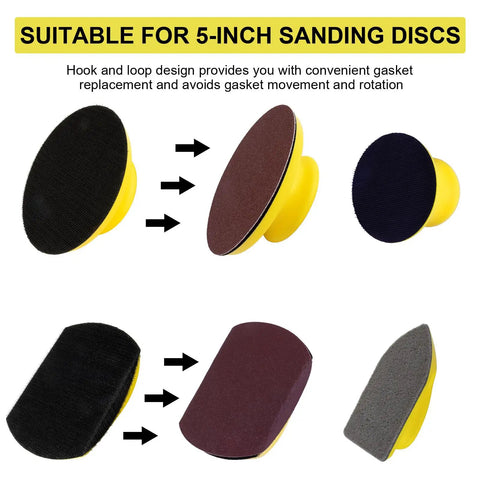 Two Pack 5 Inch Mouse Hand Sanding Block Set with Hook and Loop Grip shown with multiple sanding discs attached