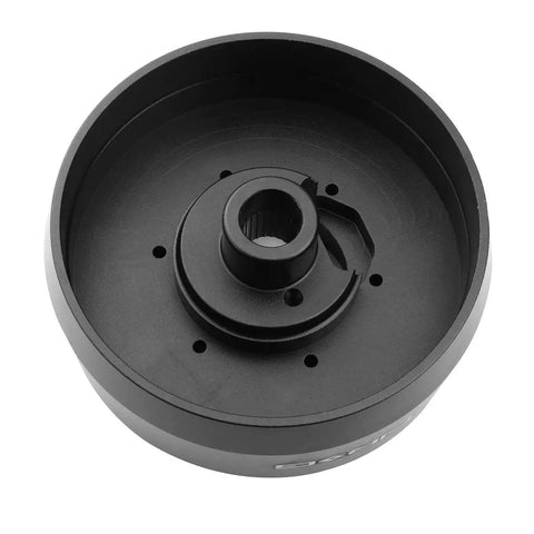 Power Heavy Slick Short Steering Hub Quick Release Adapter Aluminum top view showing dual spring mechanism and alignment features.