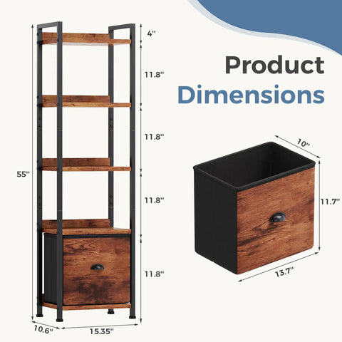 Brown Five Tier Bookshelf With Fabric Drawer And Slim Vertical Storage Rack For Tight Living Room Spaces Compact Space Savers Sweet Spot To Stash Books Plants And Snazzy Decor