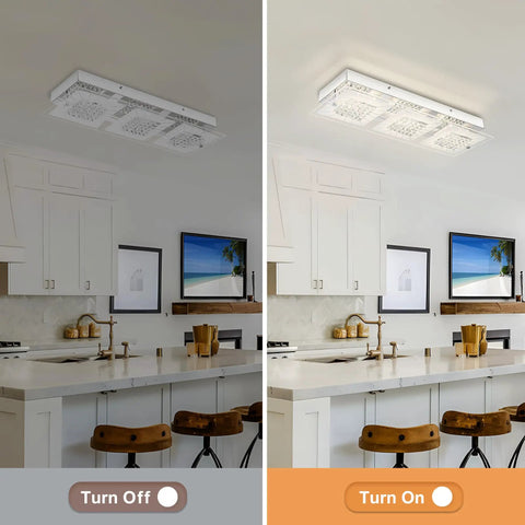 Crystal Flush Mount Ceiling Light Long Rectangular Kitchen Fixture In Brushed Nickel Dimmable 18 Inch LED Ceiling Light