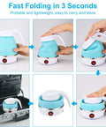 On The Go Portable Electric Kettle 600ml Foldable Tea Coffee Kettle With Collapsible Cup Set Fast 5 Minute Boil BPA Free Food Grade Silicone 110V 400W Ideal For Camping Office Travel in blue showing folding process.