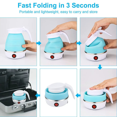 On The Go Portable Electric Kettle 600ml Foldable Tea Coffee Kettle With Collapsible Cup Set Fast 5 Minute Boil BPA Free Food Grade Silicone 110V 400W Ideal For Camping Office Travel in blue showing folding process.