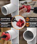 Dual Blade PVC Pipe Reamer Kit Eight-Piece For One Half To Four Inch Piping In One Easy Pass Fits Standard One Half Inch Drills Works On Sch 40 CPVC And ABS Hubs No-Fuss Debris Cleanup And Cement Removal Not For SCH80 in use for cutting and cleaning piping.
