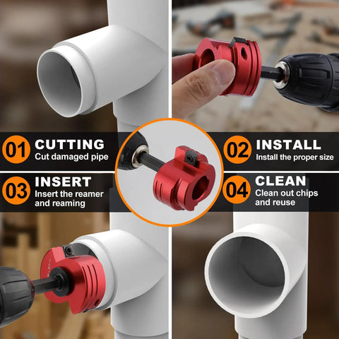 Dual Blade PVC Pipe Reamer Kit Eight-Piece For One Half To Four Inch Piping In One Easy Pass Fits Standard One Half Inch Drills Works On Sch 40 CPVC And ABS Hubs No-Fuss Debris Cleanup And Cement Removal Not For SCH80 in use for cutting and cleaning piping.