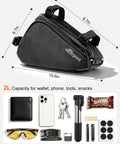 Bike Tire Repair Kit For Flat Tires With Portable Pump 120 PSI, 16 In 1 Multitool, Triangle Frame Bag dimensions, and contents.
