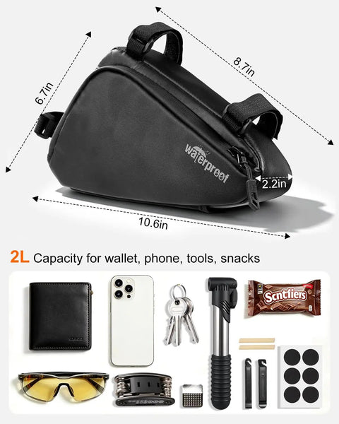 Bike Tire Repair Kit For Flat Tires With Portable Pump 120 PSI, 16 In 1 Multitool, Triangle Frame Bag dimensions, and contents.