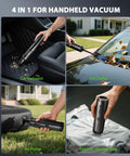 Portable Cordless Handheld Vacuum Cleaner 4 In 1 Mini Vacuum with Dual Suction Modes and 16800 Pa Power shown in car use and more