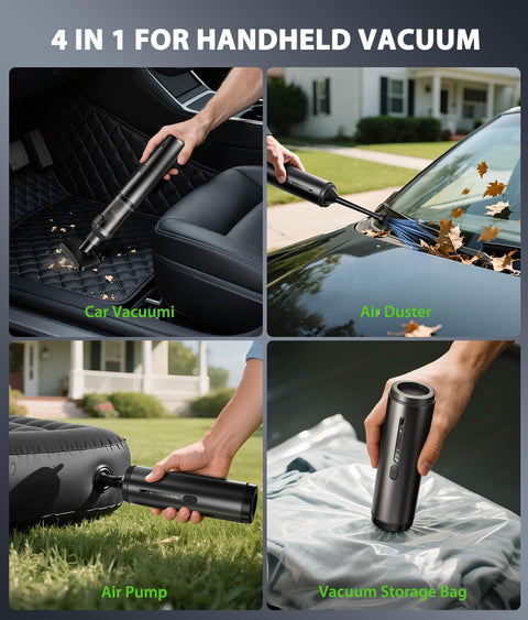 Portable Cordless Handheld Vacuum Cleaner 4 In 1 Mini Vacuum with Dual Suction Modes and 16800 Pa Power shown in car use and more