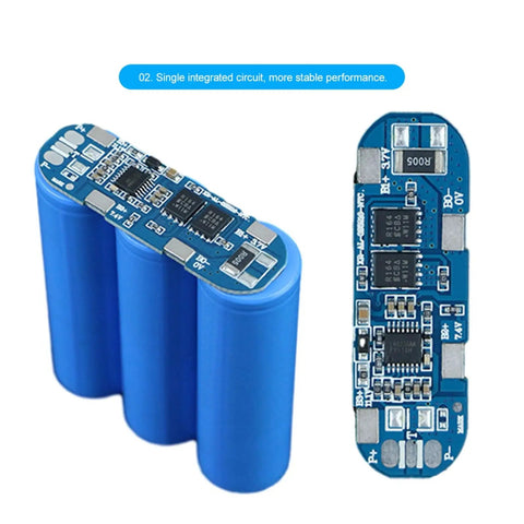 Built Like A Tank Three Series Eight Amp Battery Management Board For 18650 Li Ion Packs showing PCB over blue 18650 cells.