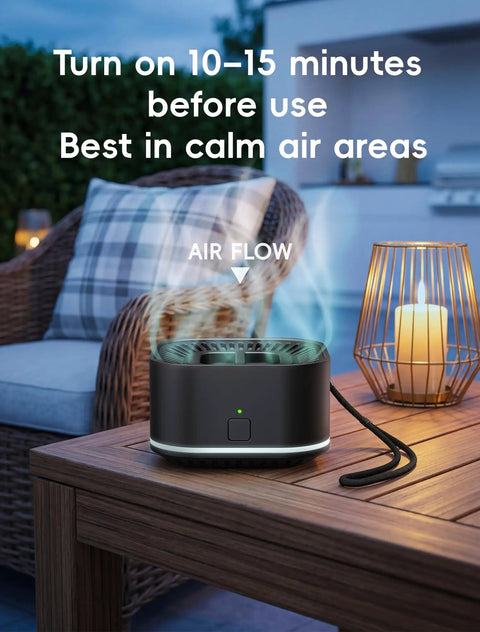 Portable Mosquito Repellent Device For Outdoor And Indoor Use Rechargeable Electronic Insect Repellent With 20 Feet Coverage Great For Camping Hiking Patio And Backyard Safe For Kids And Pets Includes 2 Refills on patio table.