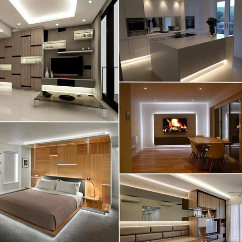 Collage of modern interiors with Outdoor Waterproof Rope Lights Daylight White 50Ft Cuttable And Connectable LED Tube for decorative lighting.