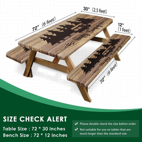Diagram showing size of Essential Outdoor Picnic Table Cover Set With Bench Covers Elastic Edges 72 Inch Three Piece Waterproof Fitted Tablecloth.
