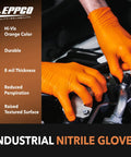 8 Mil Nitrile Disposable Gloves With Textured Grip, Powder Free And Latex Free, Orange, XL, Industrial Grade, Puncture Resistant, Box Of 100 For Mechanics, Automotive Work, Food Prep, And Tech Repairs being used in automotive repair