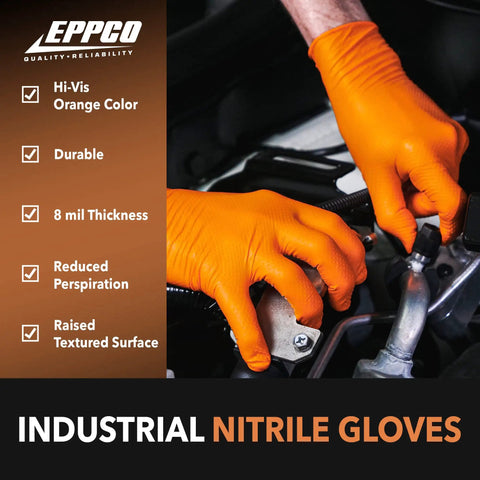 Orange 8 Mil Nitrile Disposable Gloves with Textured Grip worn by a mechanic for automotive and industrial work