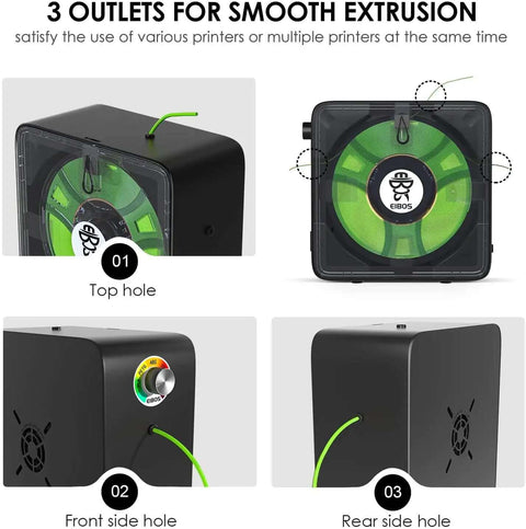 3D Printer Filament Dryer Box With Fan showing top, front, and rear side holes for Nylon PLA ABS filament extrusion