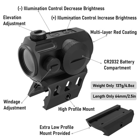 Motion Awake Red Dot Sight with 2MOA Dot, 11 Level Brightness, Multi Coated Optics, IPX7 Waterproof, Get On Target Fast, Absolute Co-Witness Mount, Picatinny Rail Rifle Scope for Quick On Point Accuracy, black aluminum sight with low profile mount