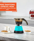Hassle Free Electric Espresso Maker Compact Coffee Brewer For Daily Grind Two Or Three Cup Capacity Featuring Cool Touch Handle Stylish teal espresso maker with cup and cookies.