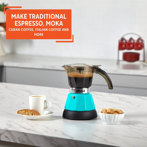 Hassle Free Electric Espresso Maker Compact Coffee Brewer For Daily Grind Two Or Three Cup Capacity Featuring Cool Touch Handle Stylish teal espresso maker with cup and cookies.