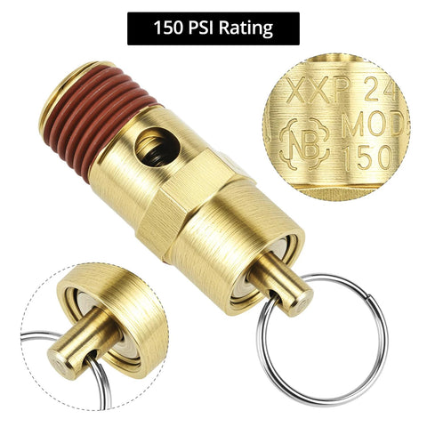 QWORK brass pressure relief valve, 1/4 in NPT, 150 PSI, 2-pack
