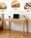 Mid Century Modern Solid Wood Height Adjustable Standing Desk With Slick Ergonomic Design And Heavy Duty Storage Drawers, showing desk with smooth edges, laptop, and double drawers.
