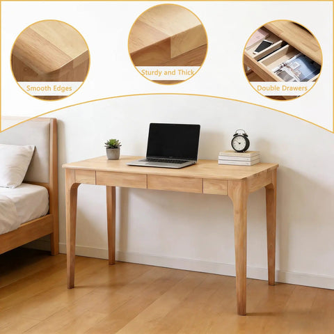 Mid Century Modern Solid Wood Height Adjustable Standing Desk With Slick Ergonomic Design And Heavy Duty Storage Drawers, showing desk with smooth edges, laptop, and double drawers.