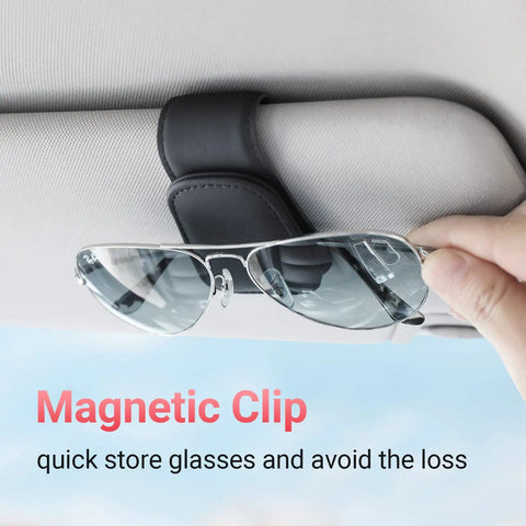 Heavy Duty Magnetic Sunglass Holder For Car Sun Visor With Secure Snap Clip And Soft Leather Wrap One Handed Eyewear Organizer on visor with sunglasses