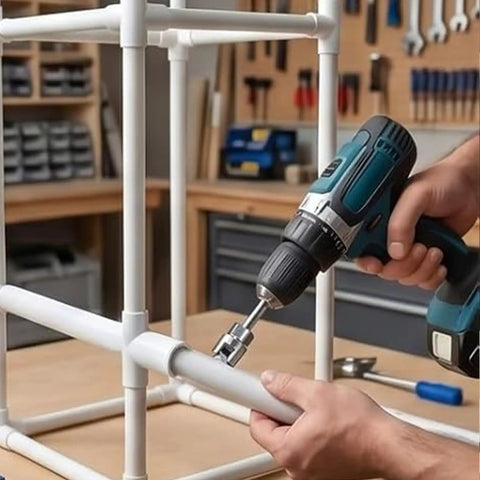 Person using Nifty 4 In 1 Pvc Pipe Threader Kit Cuts Threads Taps Grooves And Preps Fittings For 1/2 3/4 And 1 Inch Pipes with a drill.