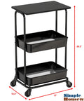 Two Tier Rolling Utility Cart With Wood Top And Lockable Wheels Metal Storage Trolley With Mesh Baskets for Kitchen Bathroom Office Craft Room