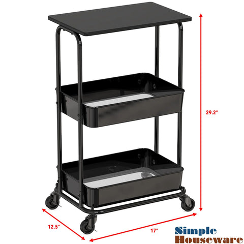 Two Tier Rolling Utility Cart With Wood Top And Lockable Wheels Metal Storage Trolley With Mesh Baskets for Kitchen Bathroom Office Craft Room