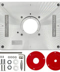 Heavy Duty Aluminum Router Table Insert Plate For Woodworking Benches With Slick Router Insert Rings And Hardware No Sweat Setup Hella Durable 12 Inch Router Base Replacement with smooth surface and red rings.