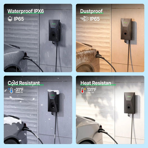 Level 2 EV Charger For Tesla with 50 Amp 240V Fast Home Charging, Smart App Control and WiFi shown in weather conditions