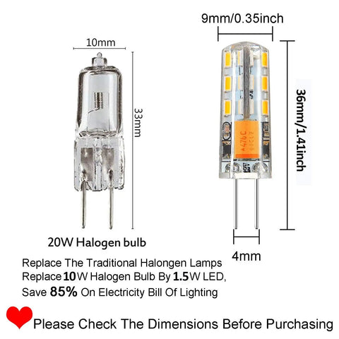 Comparison of G4 LED Bulbs BiPin Base Landscape Lights 12V 1.5W Warm White 3000K and 10W halogen bulb with dimensions