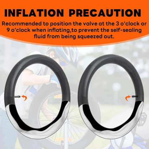 2 Pack Self Sealing Fat Bike Inner Tubes For 20x2.5 To 3.0 Tires With 32mm Schrader Valve, showing inflation position guide