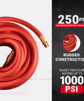 Heavy Duty EPDM Rubber Air Hose 50 Foot Length Three Eighths Inch ID Pro Grade Flexible Durable Max 250 PSI Working Pressure