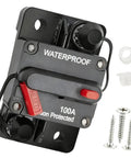 100Amp DC Circuit Breaker Manual Reset Battery Disconnect Switch Covers 12V-48V with waterproof design and mounting screws included.