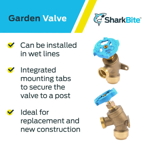Brass Push To Connect Garden Valve Three Quarter Inch By Three Quarter Inch MHT Multi Turn Shutoff With Angled Handle