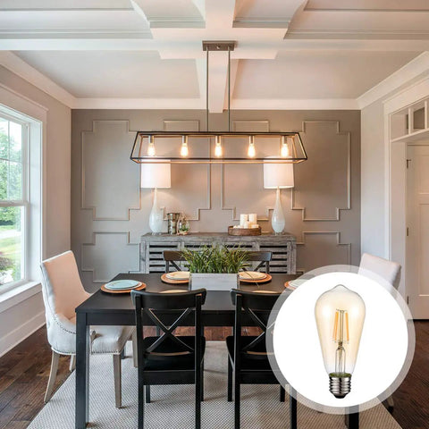 Dining room with installed Vintage LED Edison Bulbs ST58 4W 60W Equivalent, Dimmable Amber Glass Filament Bulbs, showcasing retro glow