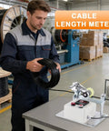 No Nonsense Electronic Digital Length Meter Counter With Tank Like Rubber Measuring Wheel, man measuring cable in an industrial setting.