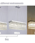Modern Raindrop K9 Crystal Rectangle Showstopper Chandelier With 11-Light Linear Pendant in different lighting conditions