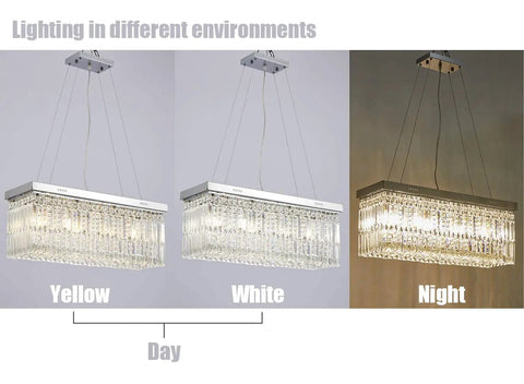 Modern Raindrop K9 Crystal Rectangle Showstopper Chandelier With 11-Light Linear Pendant in different lighting conditions