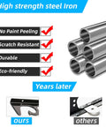High strength steel iron tubes showing durability and comparison of Beefy Heavy Duty Metal Fishing Rod Holder For Garage Wall Mount Rack That Keeps Multiple Rods Secure With Steel Core And TPU Coating Sturdy Fishing Pole Holder For Multiple Poles Or Combos Great Gift For Men.